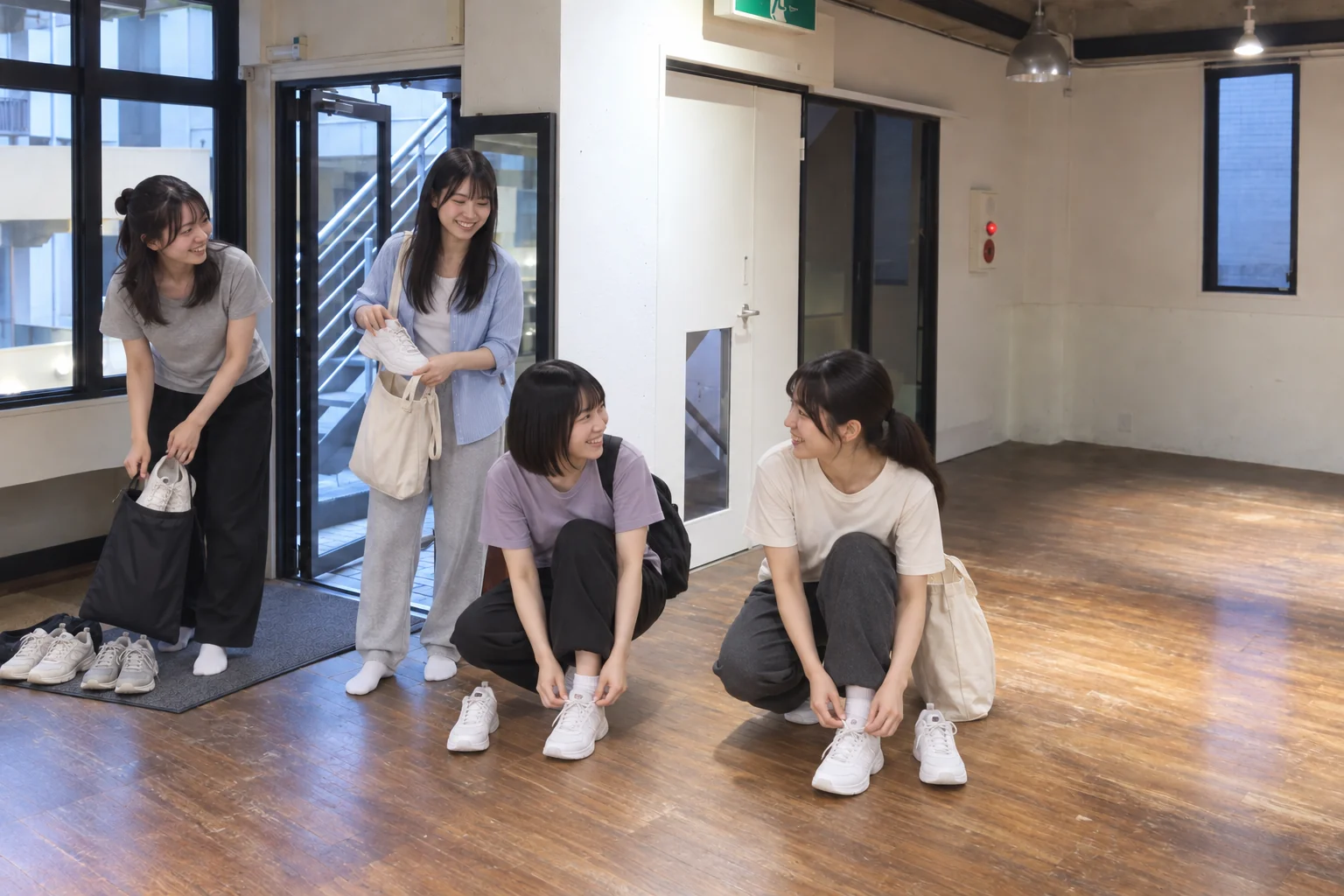 女性4人がカリマ高崎の入口で外履きを脱ぎ、室内用のダンスシューズに履き替える利用イメージ