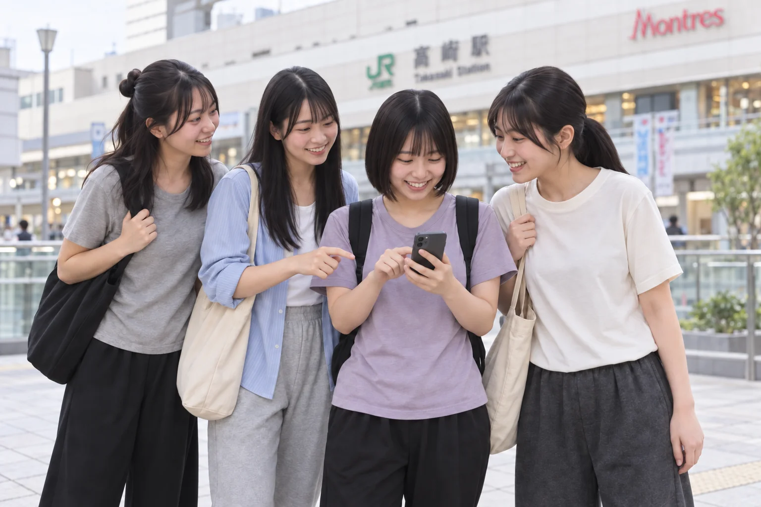 高崎駅西口で大学生風の女性4人がスマートフォンからよやクル予約をする利用イメージ